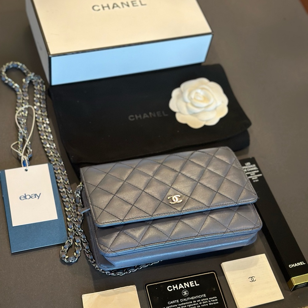 CHANEL iridescent blue wallet on chain silver hardware flap bag
